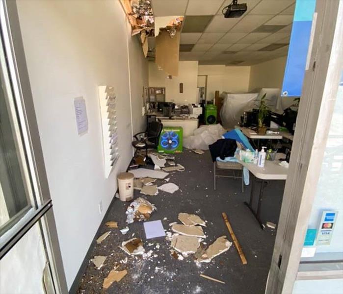 Ceiling damaged after water leak in commercial building