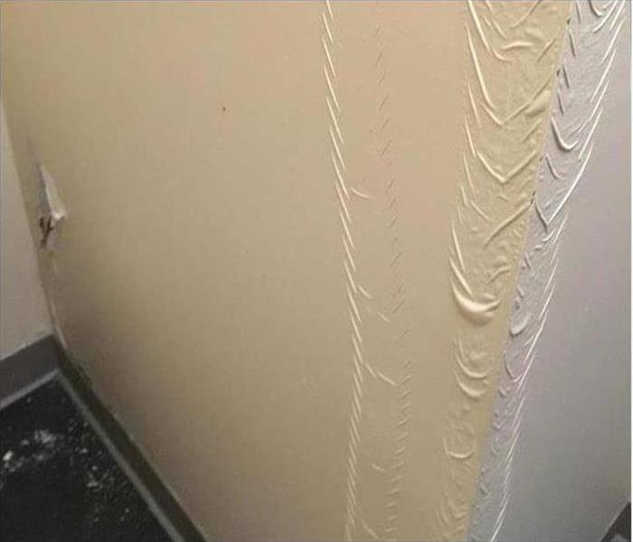 Wall damaged by water, paint warping from wall
