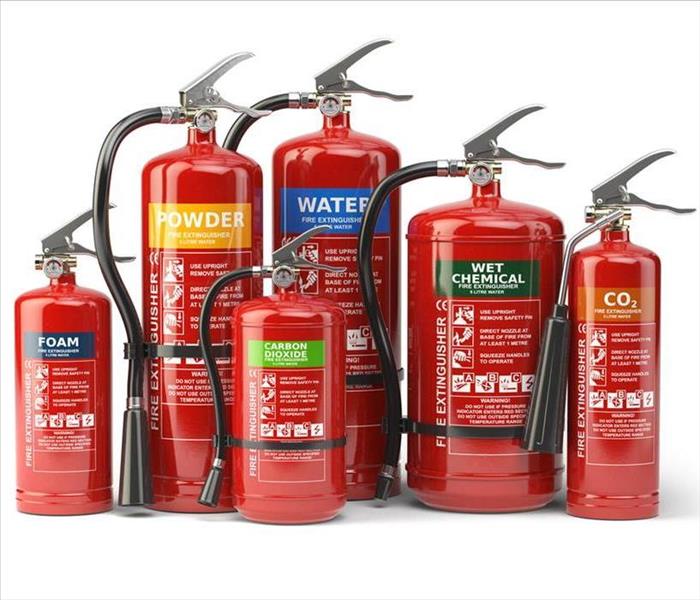 Fire extinguishers isolated on white background. Various types of extinguishers. 3d illustration.