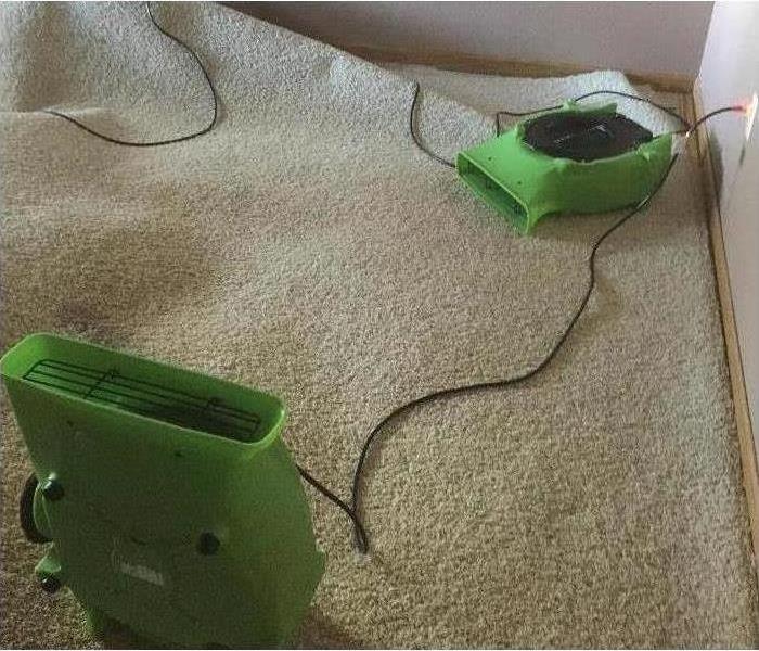 Two air movers drying up a carpet